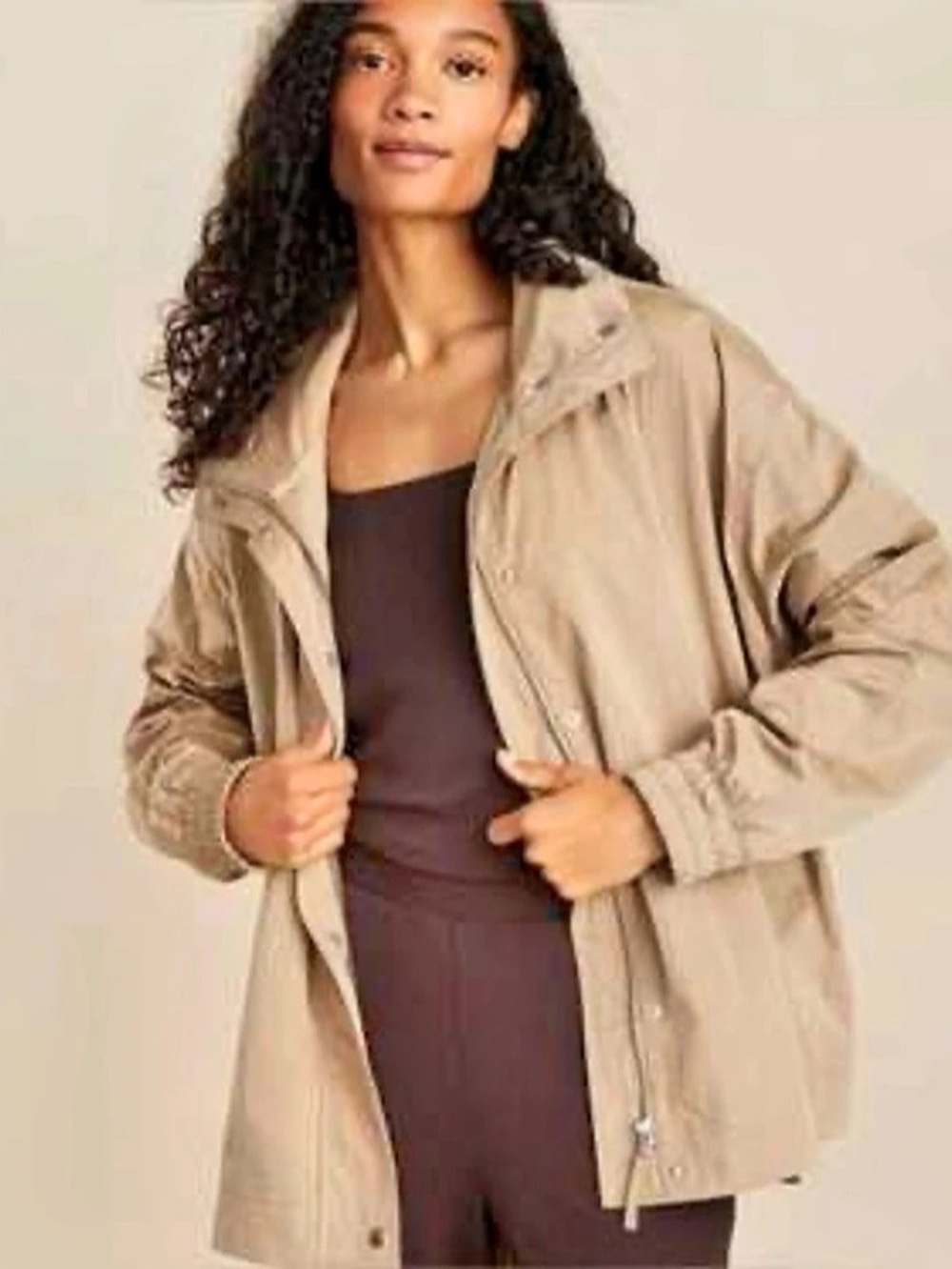 Lou & Grey Utility Windbreaker Jacket Hood in Collar Funnel Neck Brown Size L